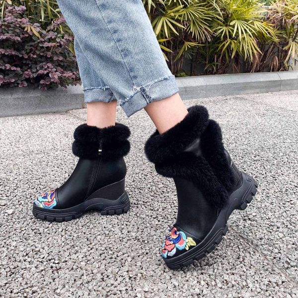 boots brand fur snow women's winter ankle embroidered mixed colors genuine leather thick bottom keep warm, Black
